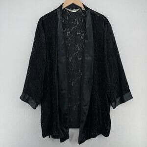VICTORIA SECRET Robe OS Crushed Velvet Burnout Open Front Sheer Kimono Black